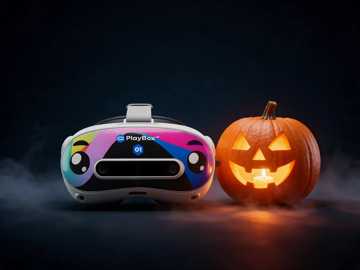 Gafas PlayBox junto a una calabaza iluminada