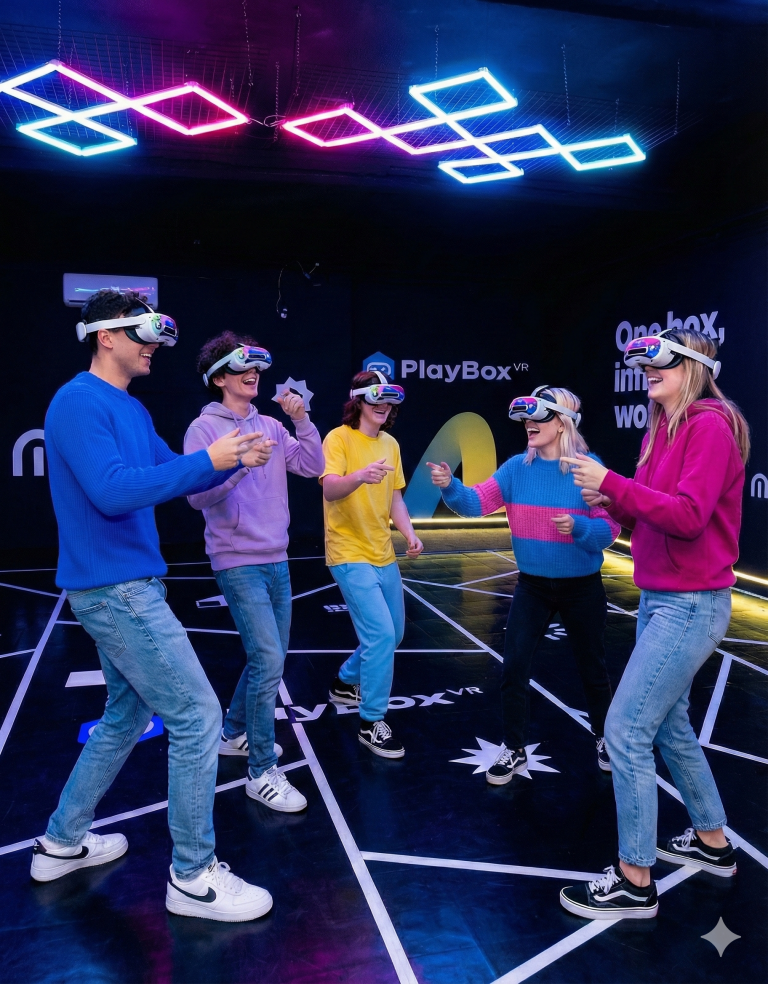 Grupo jugando en equipo en la arena de realidad virtual de PlayBox VR